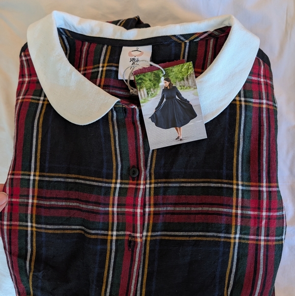 Son de Flor Holiday Plaid Long Sleeve Dress 100% Linen Sustainable - Picture 4 of 16